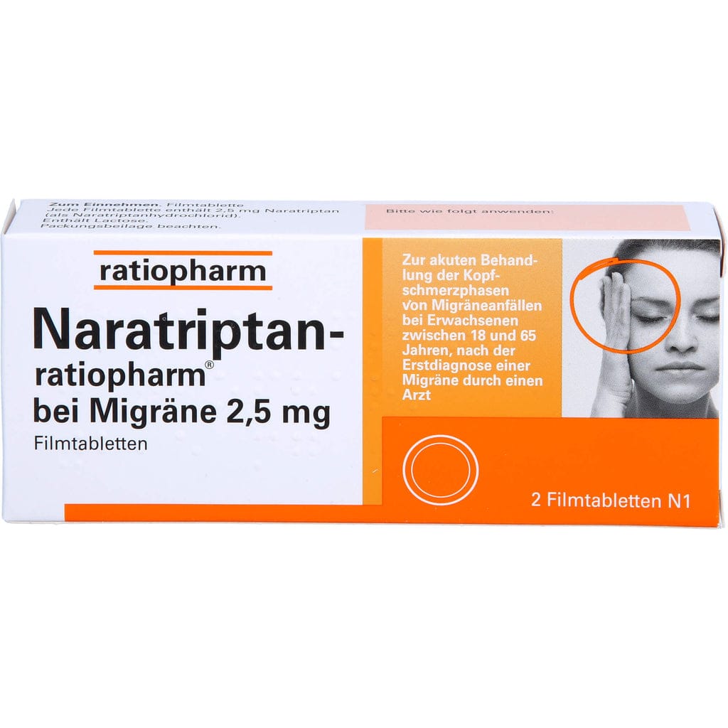 Buy Naratriptan-ratiopharm for migraine 2.5 mg film-coated tablets, 2 tablets Online